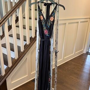 American Eagle Embroidered Black Halter Jumpsuit